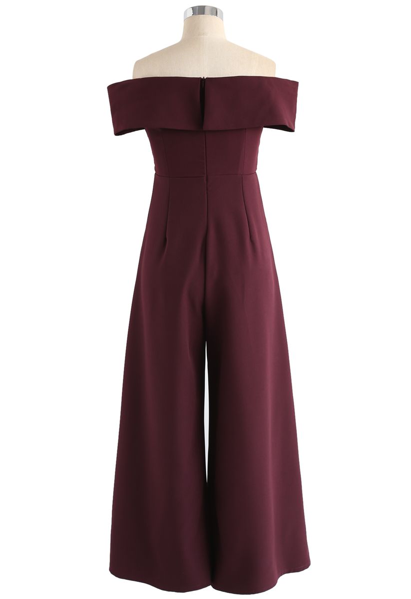 Wine-Colored Off-Shoulder Jumpsuit with Sweet Cross Design