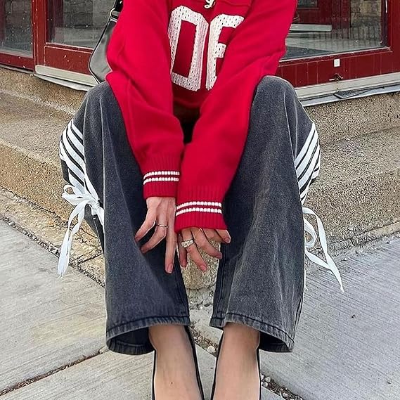 Wide-Leg Jeans with Loose Fit, Side Stripes, and Bow Detail