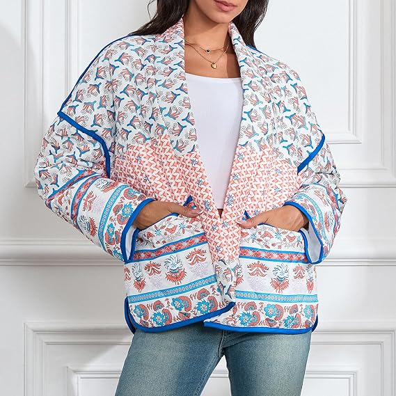 Quilted Thin Jacket with Lapel and Printed Patchwork Design