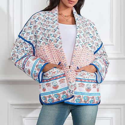 Quilted Thin Jacket with Lapel and Printed Patchwork Design
