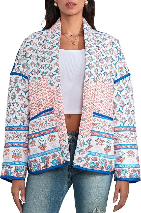 Quilted Thin Jacket with Lapel and Printed Patchwork Design