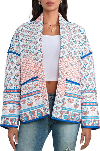 Quilted Thin Jacket with Lapel and Printed Patchwork Design