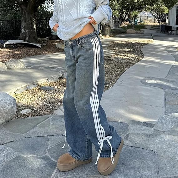 Wide-Leg Jeans with Loose Fit, Side Stripes, and Bow Detail