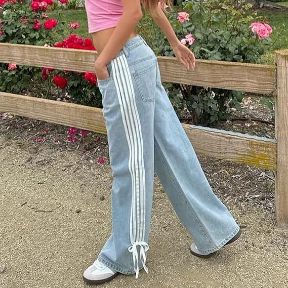 Wide-Leg Jeans with Loose Fit, Side Stripes, and Bow Detail
