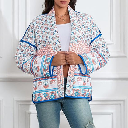 Quilted Thin Jacket with Lapel and Printed Patchwork Design