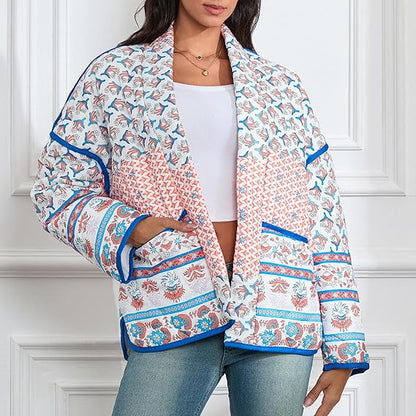 Quilted Thin Jacket with Lapel and Printed Patchwork Design