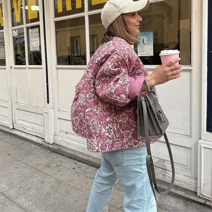 Quilted Jacket with Retro Floral Print for Street Style