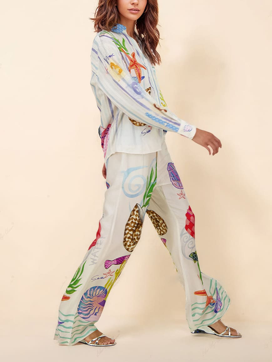 Ocean-Inspired Print Pants Set