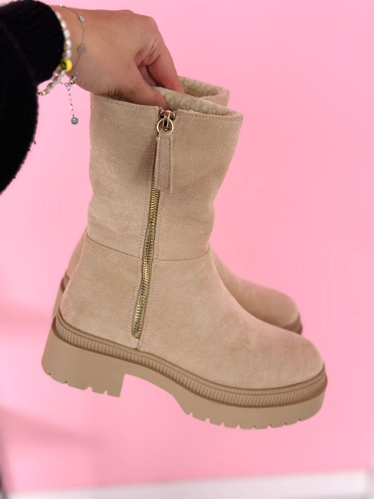 Cozy Beige Zipper Boots