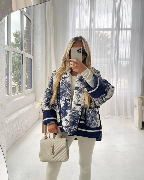 Quilted Oversized Jacket with Vintage Ink Painting Print