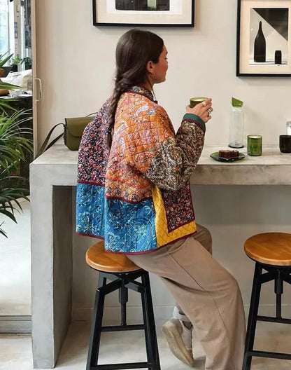 Multi-Colored Quilted Jacket with Ethnic Pattern Design