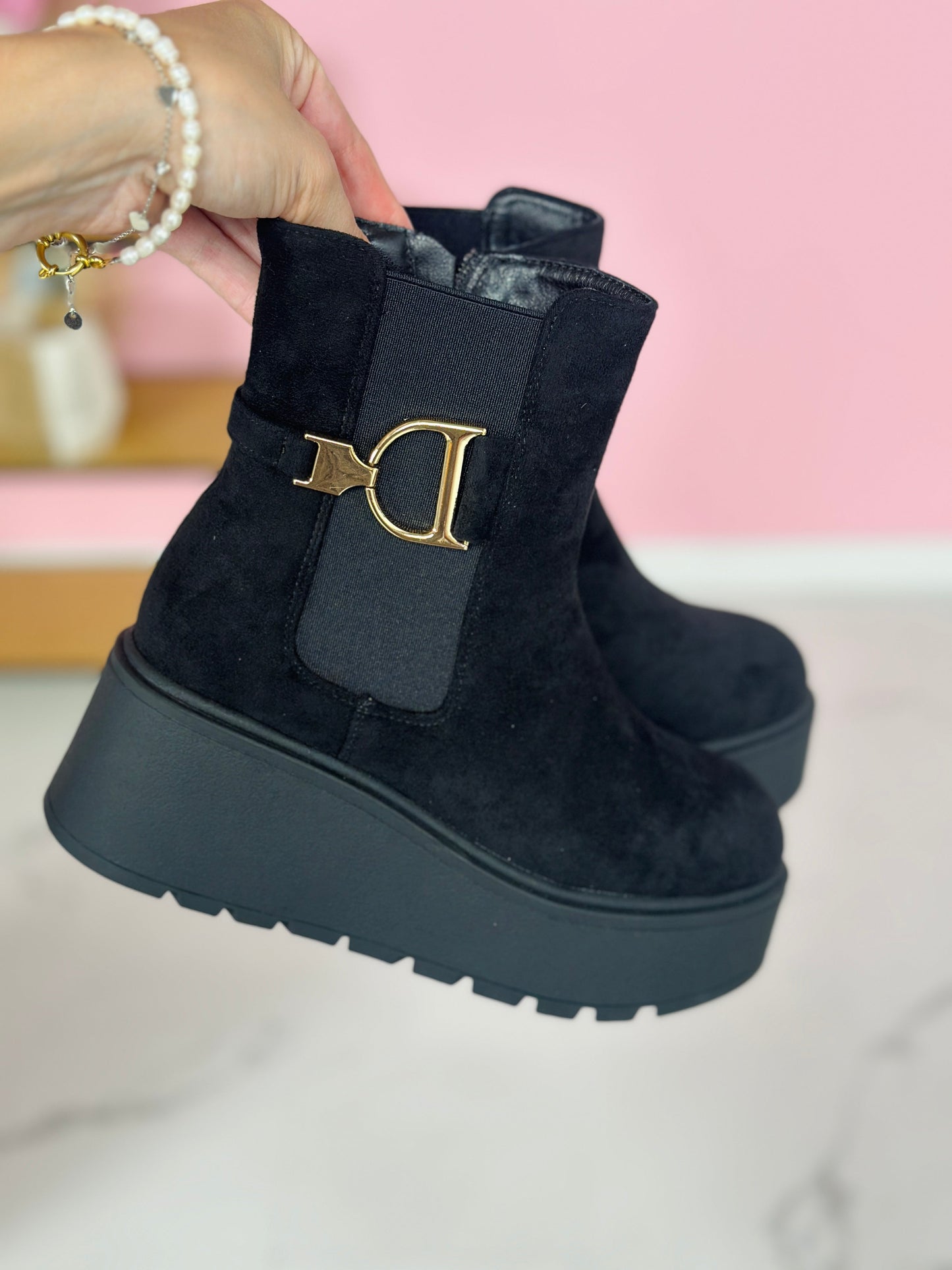 D-Black Wedge Boots