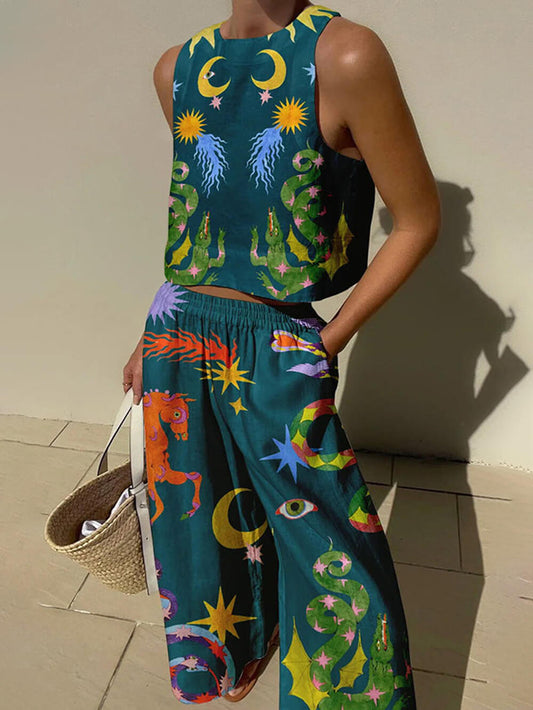 Unique Print Linen Blend Tank Set