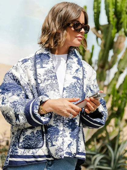 Quilted Oversized Jacket with Vintage Ink Painting Print
