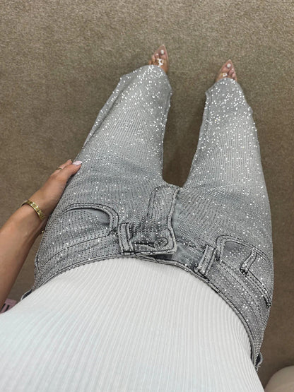 Luxury Storm Grey Wide Leg Denim Jeans with Diamanté Accents