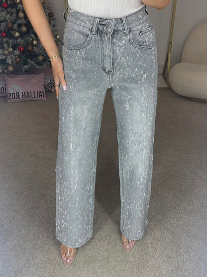 Luxury Storm Grey Wide Leg Denim Jeans with Diamanté Accents