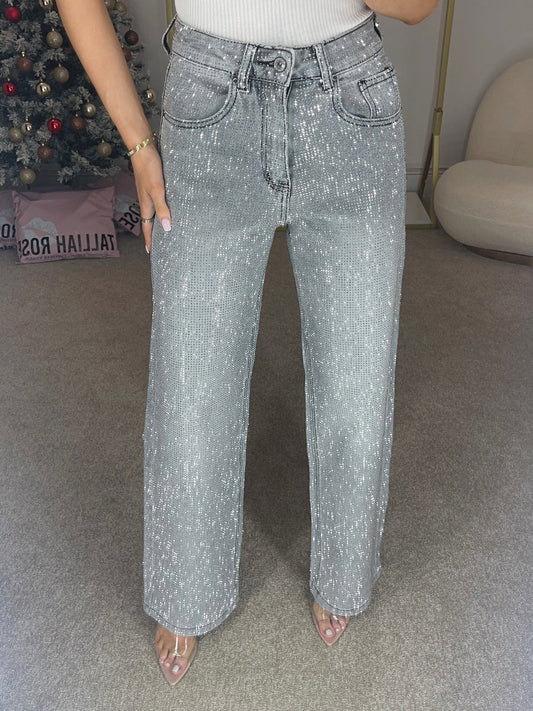Luxury Storm Grey Wide Leg Denim Jeans with Diamanté Accents