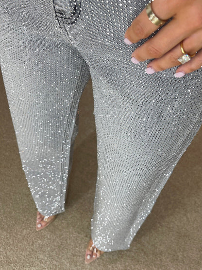 Luxury Storm Grey Wide Leg Denim Jeans with Diamanté Accents