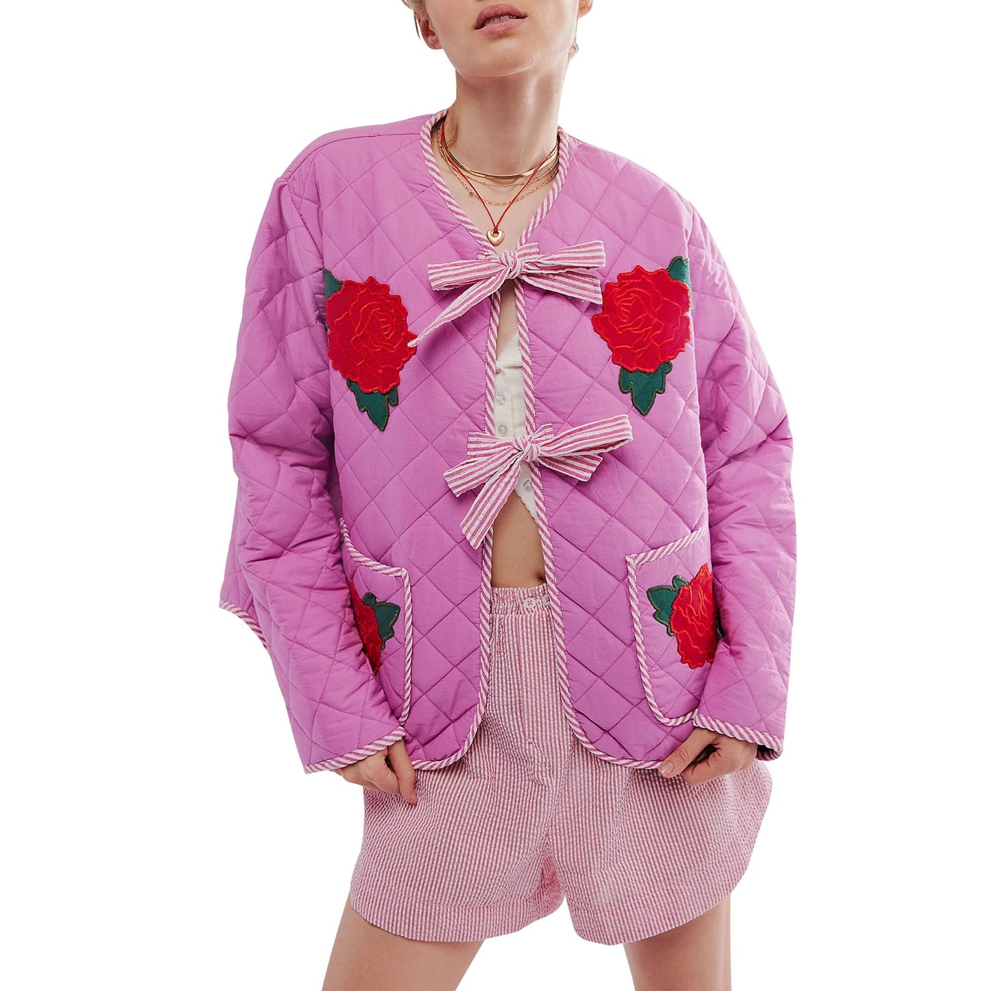 Pink Thin Jacket with Rose Print and Bow Detail