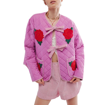 Pink Thin Jacket with Rose Print and Bow Detail