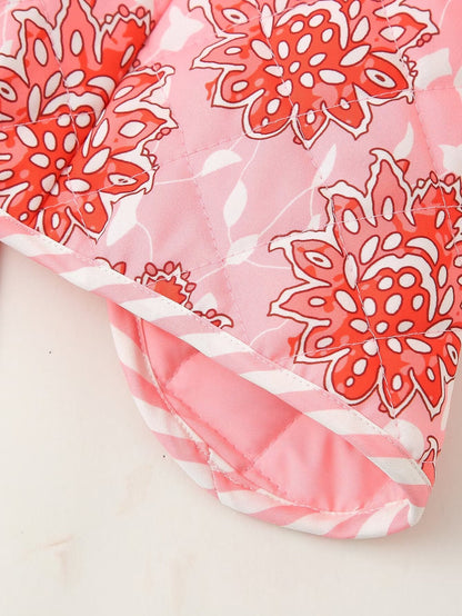 Floral Print Pink Lace-Up Quilted Waistcoat