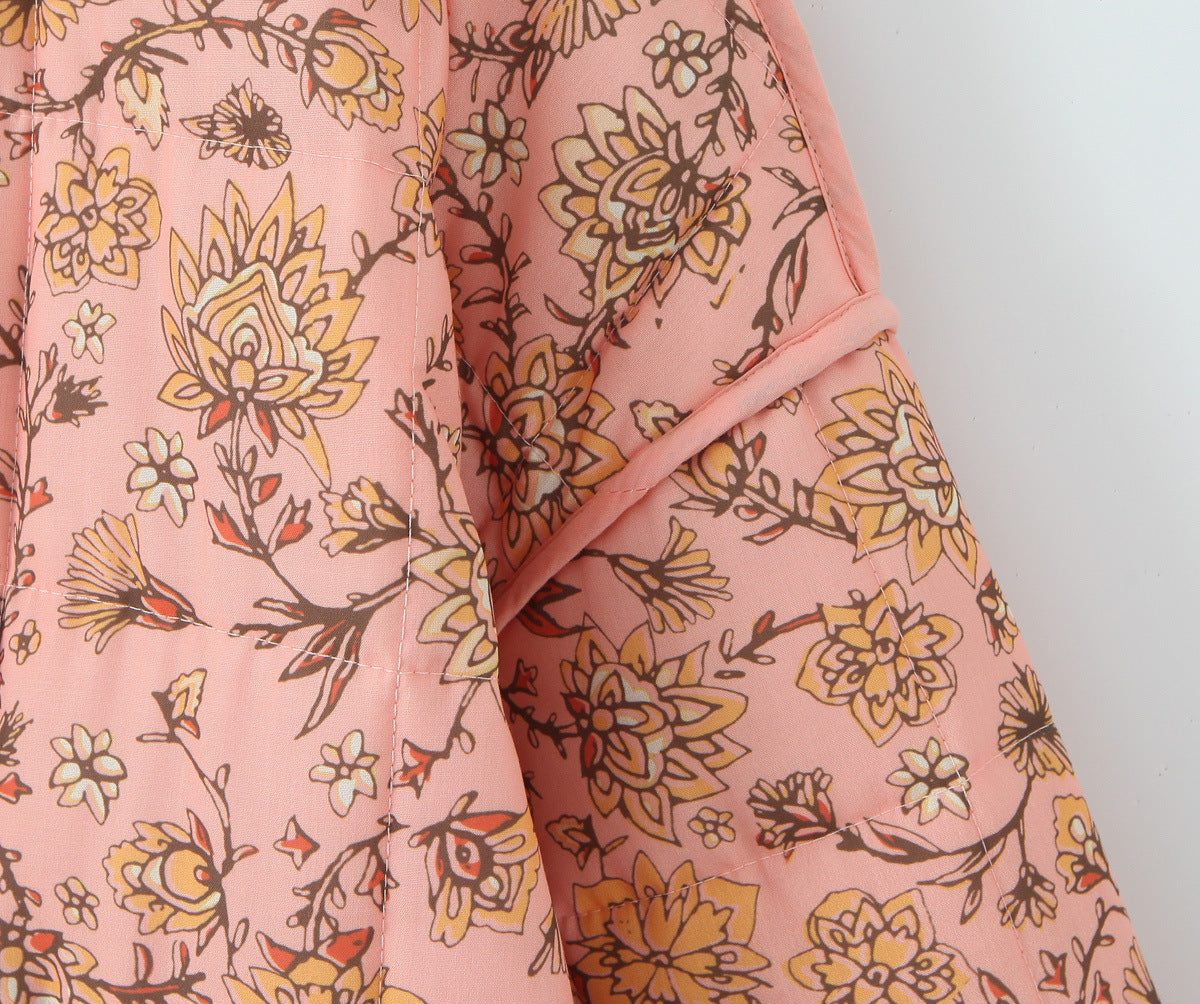 Patchwork Jacket with Floral Print and Stand Collar