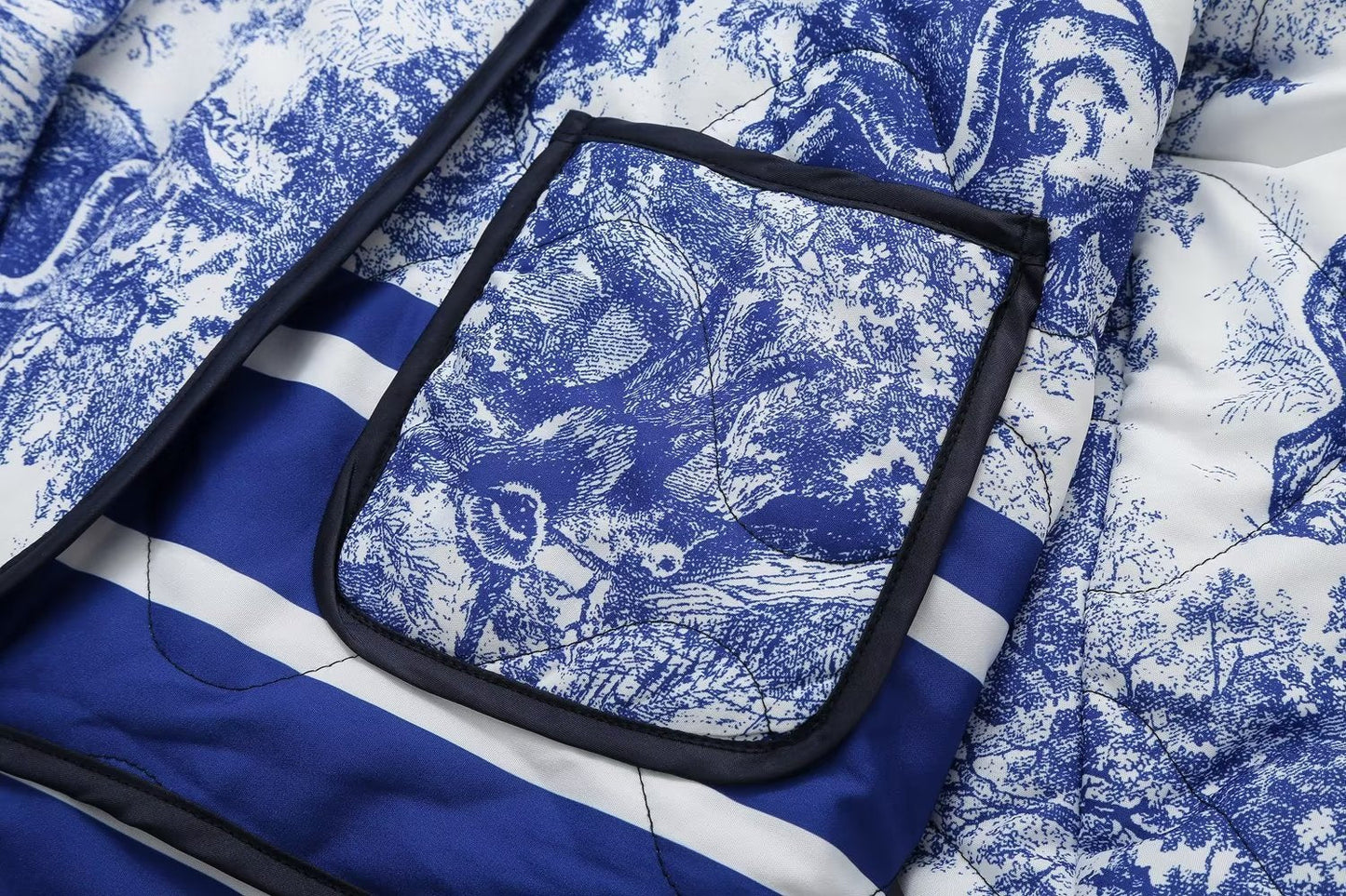 Quilted Oversized Jacket with Vintage Ink Painting Print
