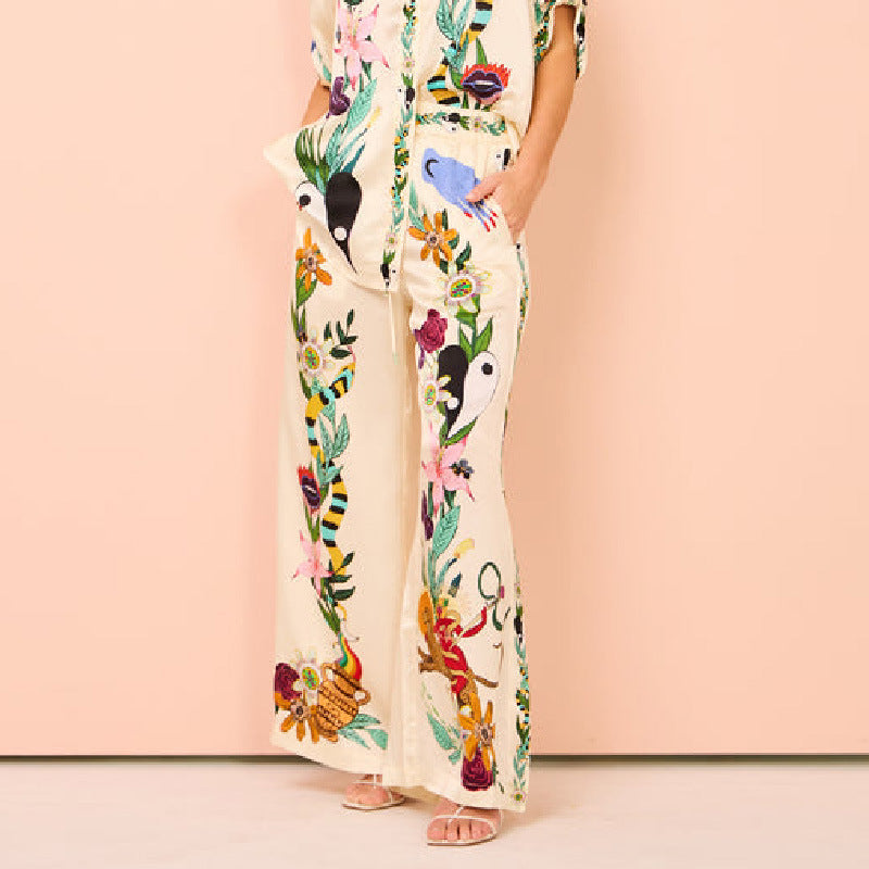 Bohemian Nature-Inspired Satin Shirt and Trousers Ensemble