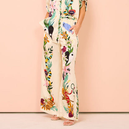 Bohemian Nature-Inspired Satin Shirt and Trousers Ensemble