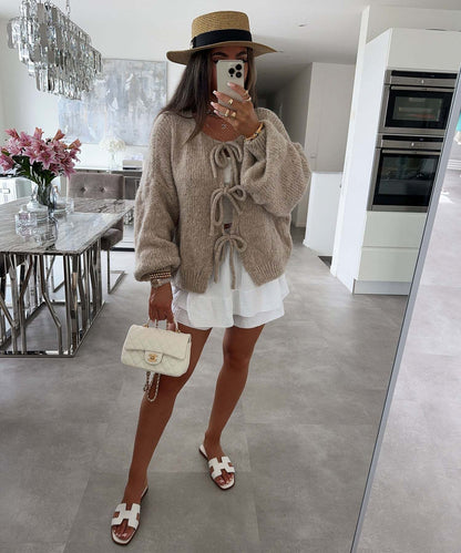 Solid Color Lace-Up Crew Neck Cardigan