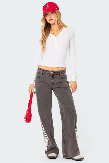 Wide-Leg Jeans with Loose Fit, Side Stripes, and Bow Detail