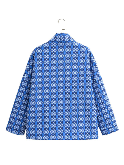 Quilted Jacket with Floral Print and Geometric Pattern Pockets