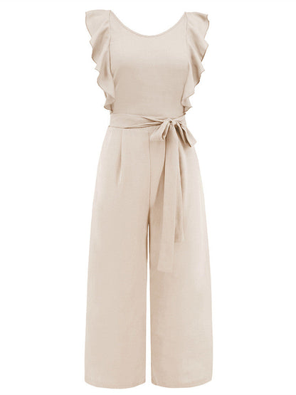 Ruffled Belted Midi Culotte Jumpsuit with Straight Legs