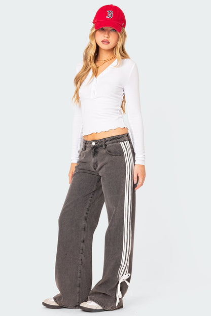 Wide-Leg Jeans with Loose Fit, Side Stripes, and Bow Detail