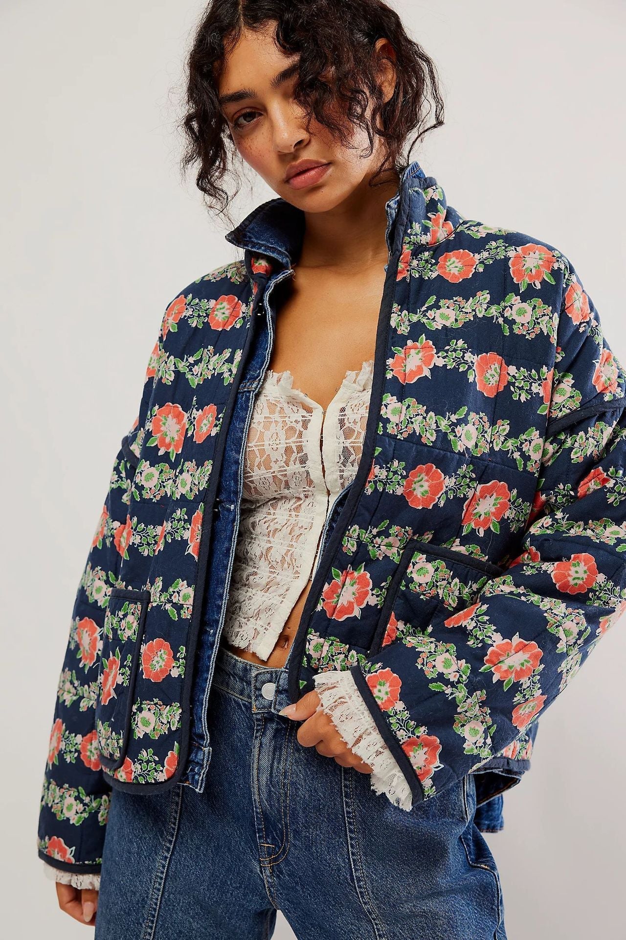 Floral Print Cotton Drop Shoulder Jacket with Pocket Clip