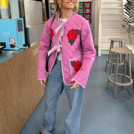 Pink Thin Jacket with Rose Print and Bow Detail