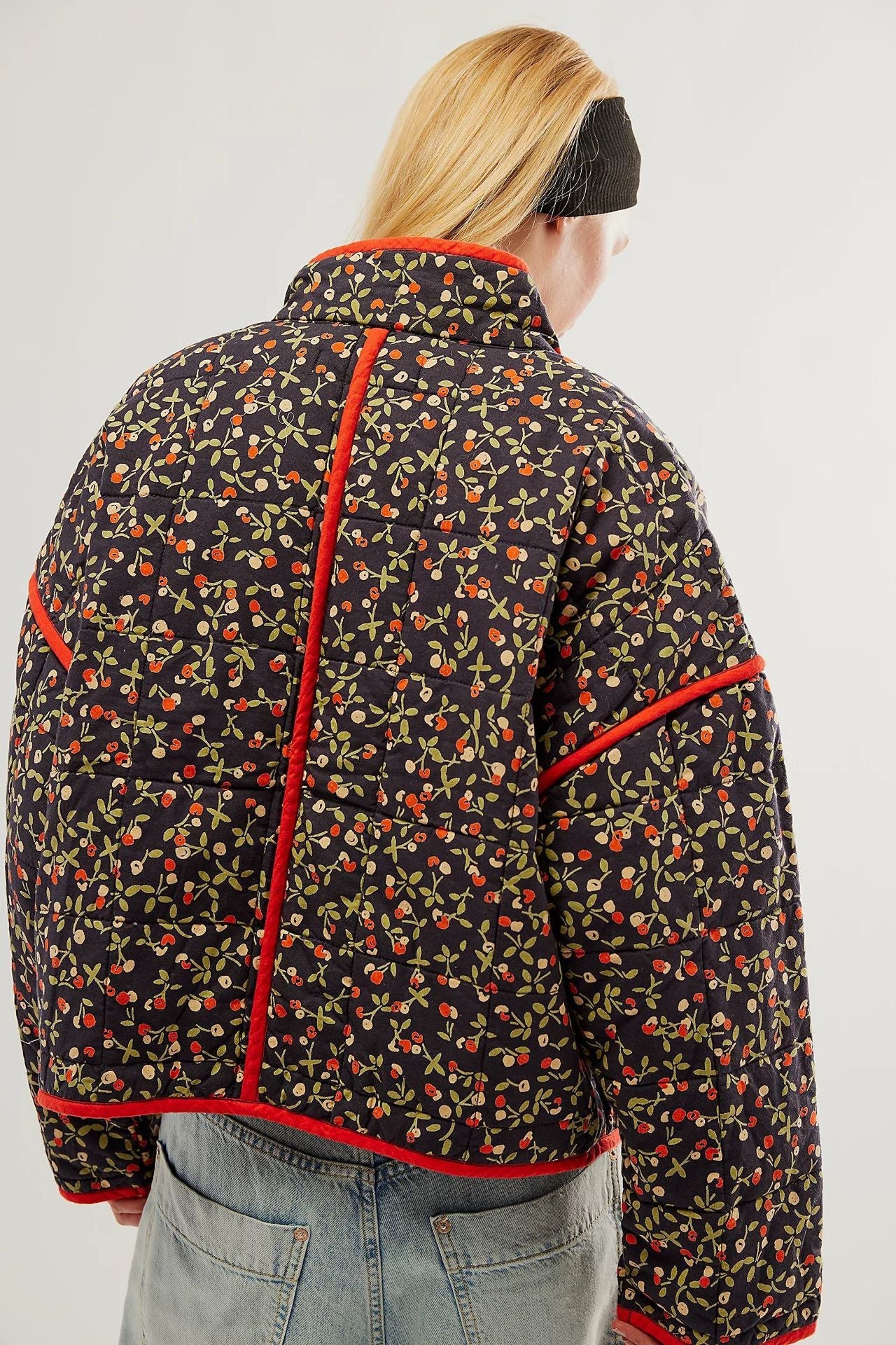 Floral Print Cotton Drop Shoulder Jacket with Pocket Clip