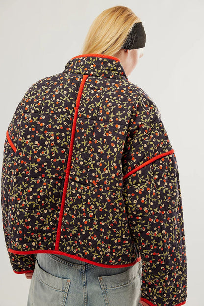 Floral Print Cotton Drop Shoulder Jacket with Pocket Clip