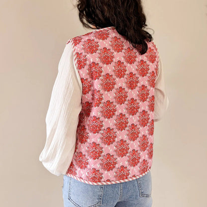 Floral Print Pink Lace-Up Quilted Waistcoat