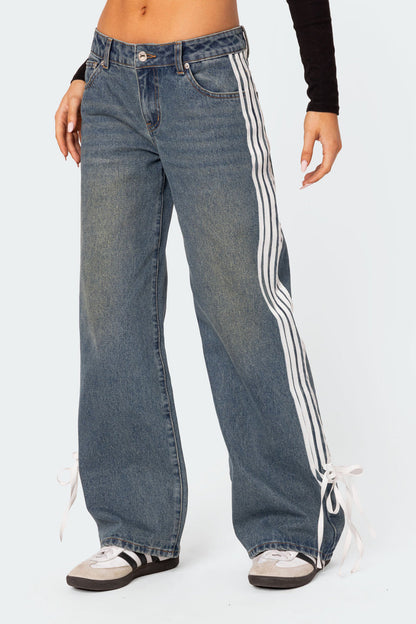 Wide-Leg Jeans with Loose Fit, Side Stripes, and Bow Detail
