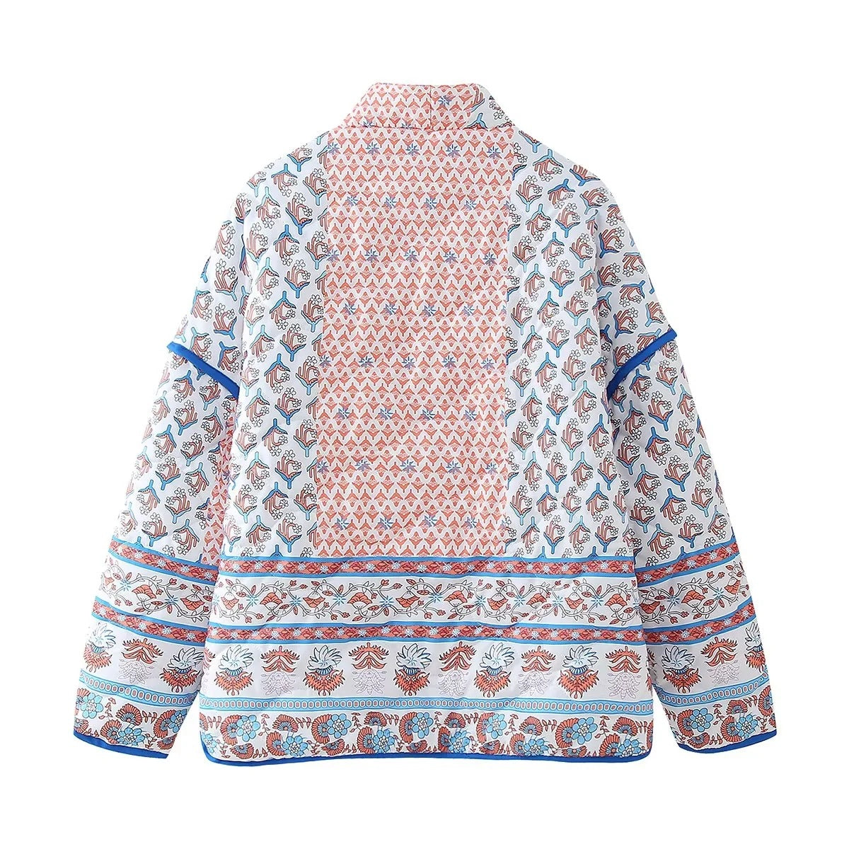 Quilted Thin Jacket with Lapel and Printed Patchwork Design
