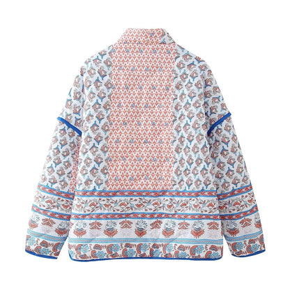 Quilted Thin Jacket with Lapel and Printed Patchwork Design