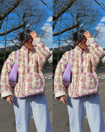 Floral Print Cotton Drop Shoulder Jacket with Pocket Clip