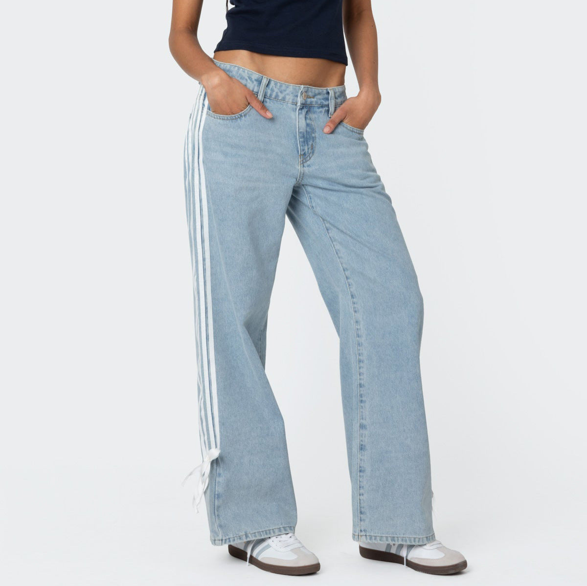 Wide-Leg Jeans with Loose Fit, Side Stripes, and Bow Detail