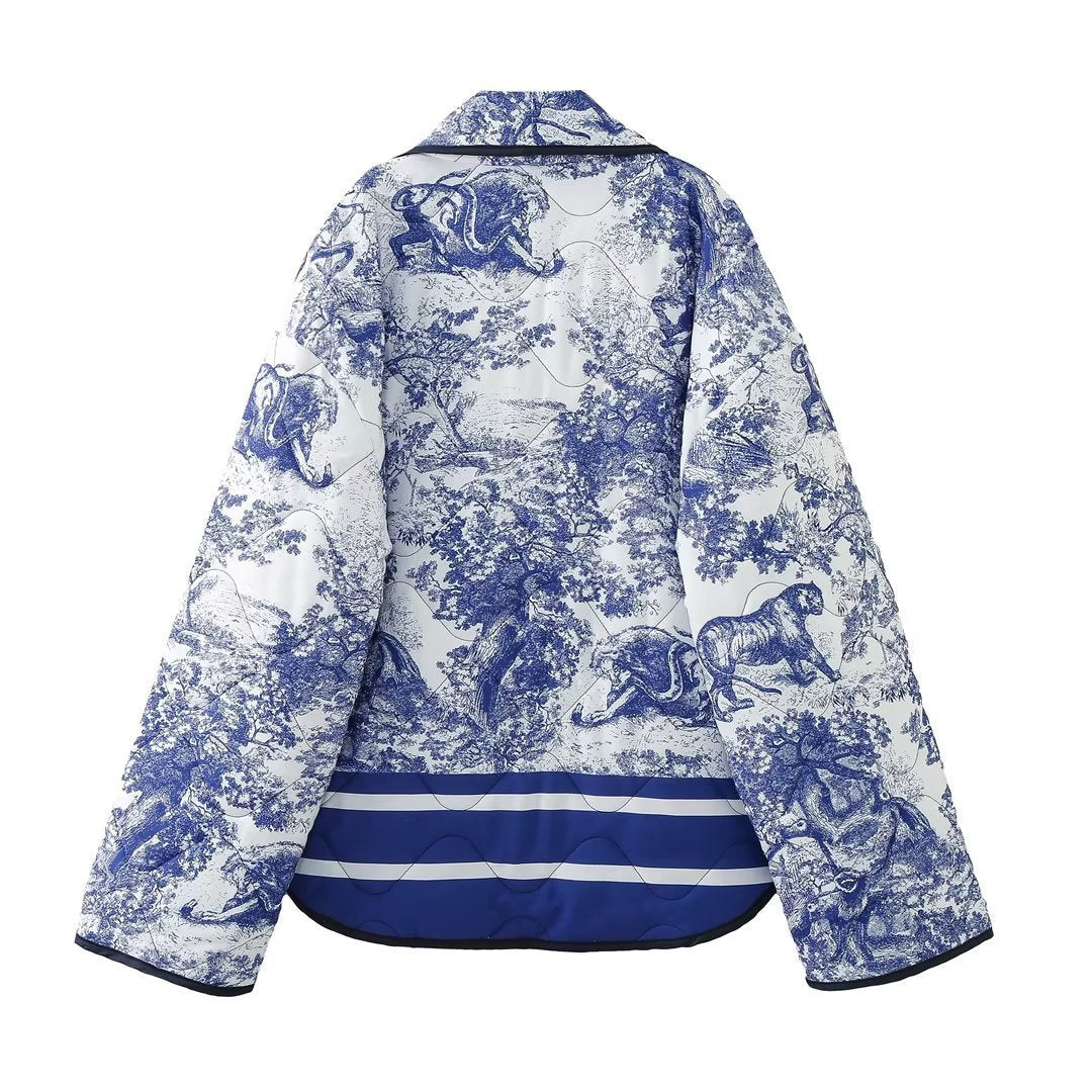 Quilted Oversized Jacket with Vintage Ink Painting Print