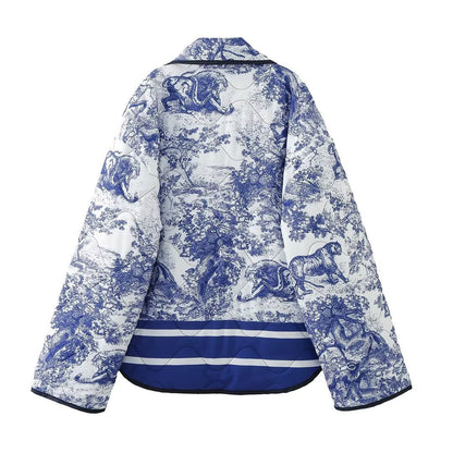 Quilted Oversized Jacket with Vintage Ink Painting Print