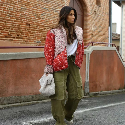 Quilted Jacket with Ethnic Floral Print and Color Contrast