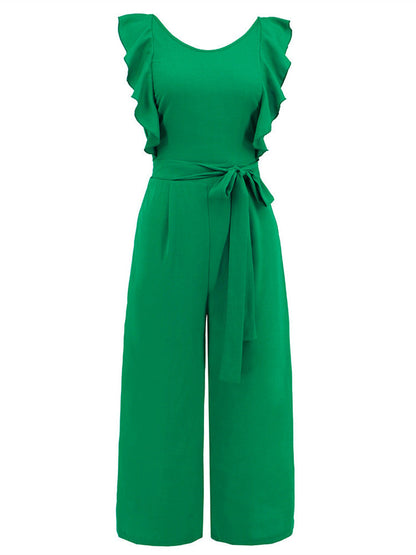 Ruffled Belted Midi Culotte Jumpsuit with Straight Legs