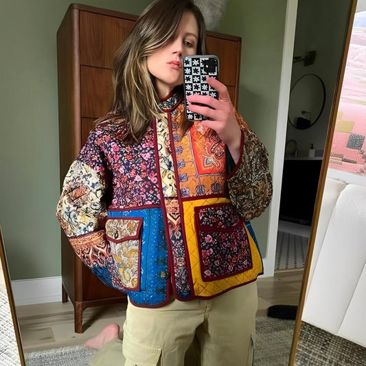Multi-Colored Quilted Jacket with Ethnic Pattern Design