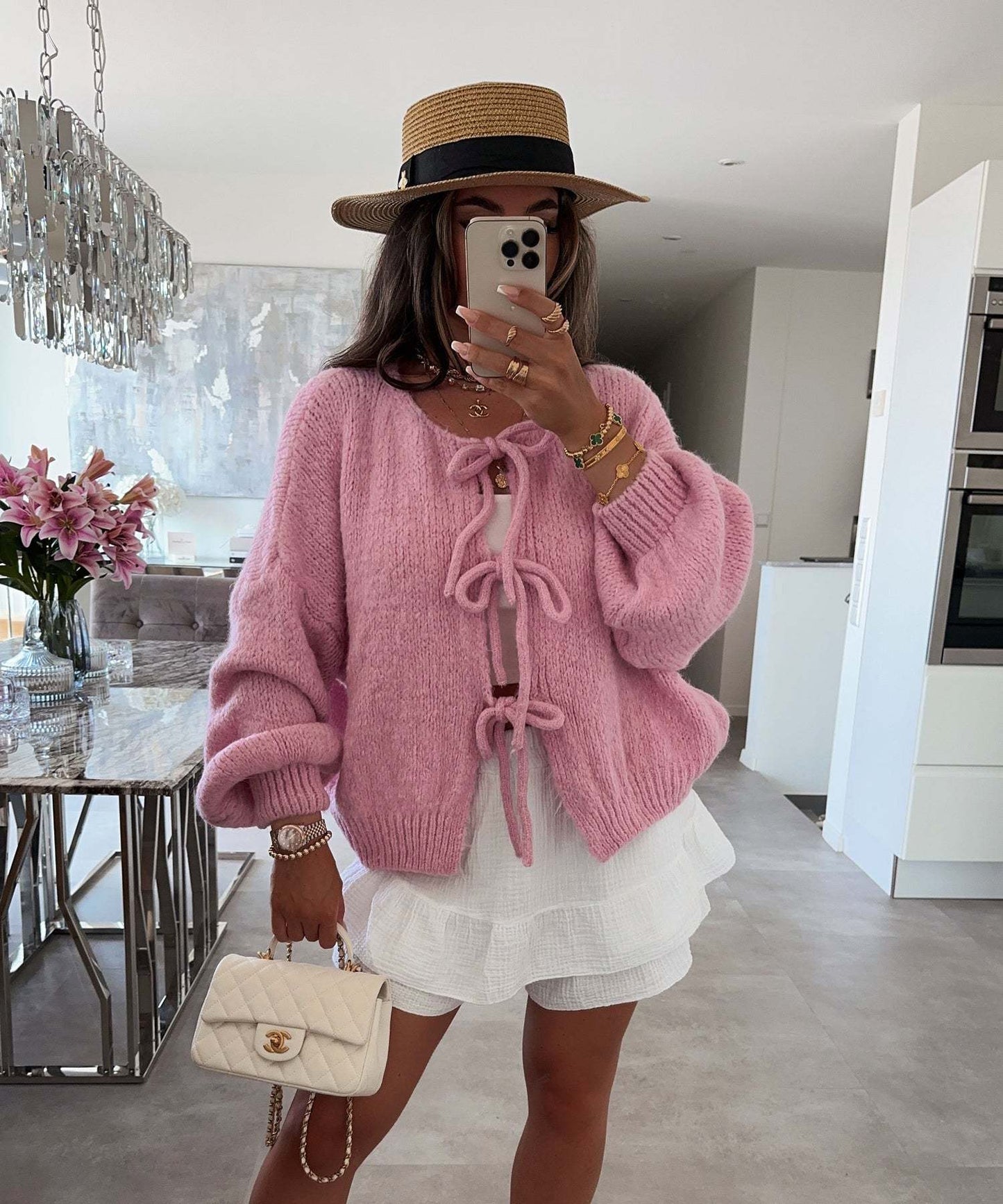 Solid Color Lace-Up Crew Neck Cardigan